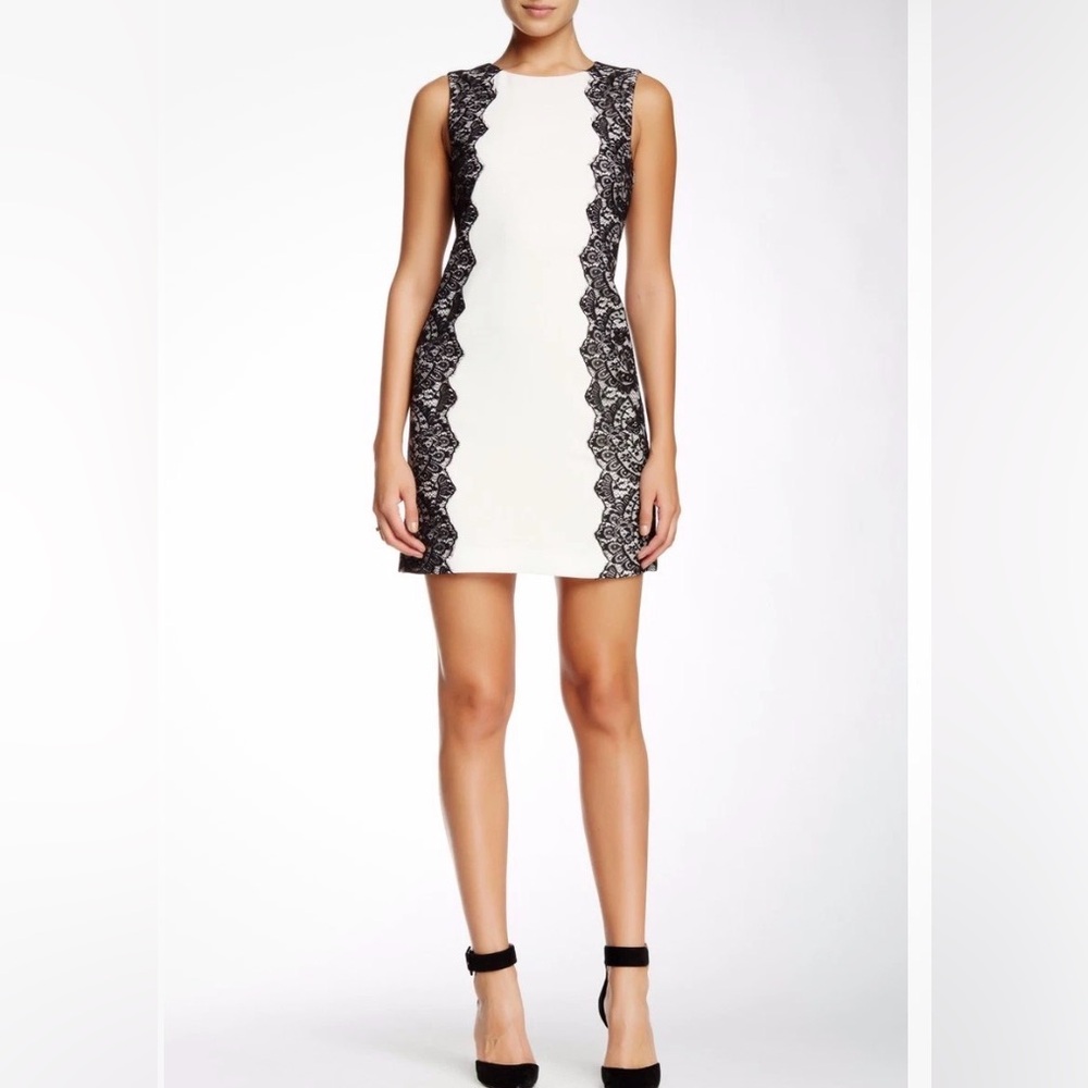 Trina Turk Saba Ivory Black Lace Overlay Panels Sheath Dress. Size 2. EUC. - Picture 15 of 16
